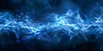 AI generated A vivid blue and black background with lightning bolts crossing, creating a striking and electrifying display of natures power and beauty photo