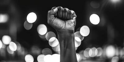 AI generated This black and white photo captures a person raising their fist in a powerful gesture. The image conveys strength, determination, and defiance