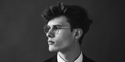 AI generated A monochrome photo portrait of a young man with a modern hairstyle wearing round glasses, a sharp tailored black suit, and a crisp white shirt