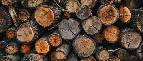 AI generated Close-up view of stacked wood logs, highlighting the intricate patterns of tree rings and textures. photo