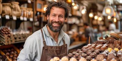 AI generated A man with a beaming smile is seen holding a box of chocolates in a store. The man appears to be a bearded chocolate artisan, showcasing his handmade chocolates to potential customers photo