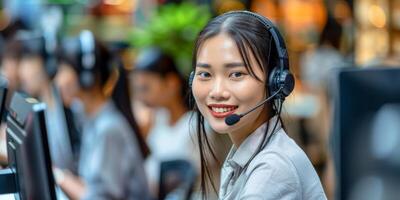 AI generated An asian woman with a headset on her head is smiling directly at the camera. She appears to be engaged in a conversation or customer service interaction. photo