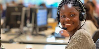 AI generated A woman with a smile on her face is wearing a headset while sitting in front of a computer, likely in a customer service setting. photo