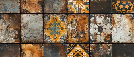 AI generated Wall of old, ornate tiles with peeling paint, showing patterns in various stages of weathering and decay photo