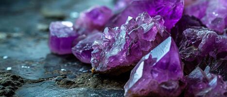 AI generated Detailed macro photography of deep purple amethyst crystal clusters with sharp edges and natural textures photo