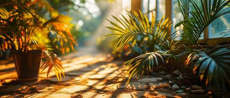 AI generated Escape to a tropical oasis with this enchanting scene of palm leaves swaying gently in the warm breeze photo