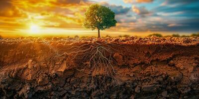 ai generado el imagen capturas un árbol con sus raíces firmemente conectado a tierra en el suelo, exhibiendo el profundidad y fuerza de sus base. foto