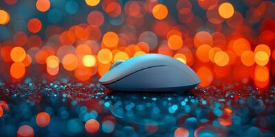 AI generated A modern white computer mouse sits on a glossy surface, illuminated by colorful bokeh light reflections creating a festive atmosphere photo