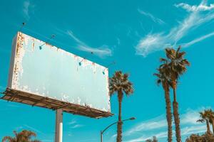 AI generated An empty billboard stands tall under a clear blue sky, flanked by towering palm trees, offering a perfect canvas for advertising photo