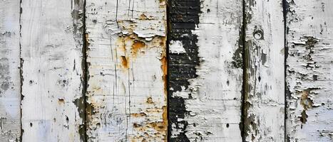 AI generated The texture of old wooden planks covered with flaking white paint, evoking a sense of rustic decay and vintage charm photo