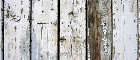 AI generated The texture of old wooden planks covered with flaking white paint, evoking a sense of rustic decay and vintage charm photo