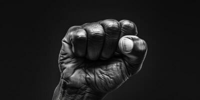 AI generated A photo showcasing a mans clenched fist against a stark black background. The image emphasizes power, resilience, and determination