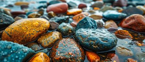 AI generated Colorful Wet Pebbles and Rocks Close-up. A vibrant collection of wet pebbles and rocks in various colors and patterns, glistening with moisture photo
