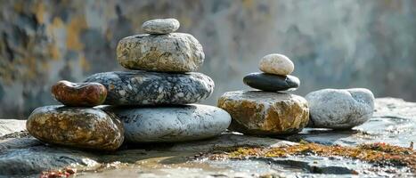 ai generado un cuidadosamente equilibrado apilar de variado piedras, simbolizando estabilidad y tranquilidad, en un áspero rocoso superficie foto