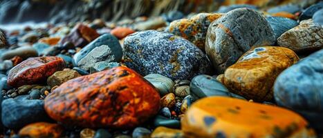 AI generated Colorful Wet Pebbles and Rocks Close-up. A vibrant collection of wet pebbles and rocks in various colors and patterns, glistening with moisture photo