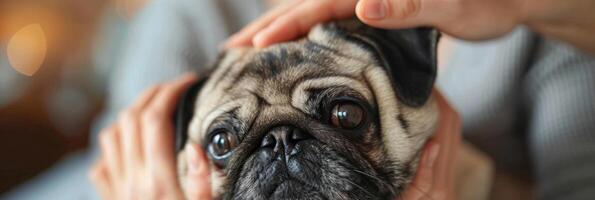 AI generated A person gently cradling a small pug dog in their hands, showing care and affection towards the pet. The dog looks comfortable and content in the persons grasp photo