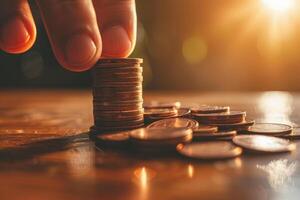 AI generated A close-up of a hand carefully stacking coins, with a golden sunset in the background, symbolizing financial growth and investment strategy photo