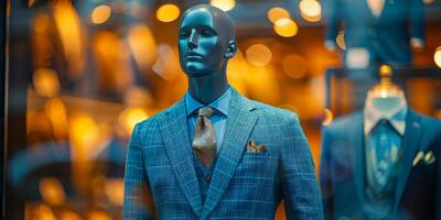 ai generado un maniquí es desplegado en un Tienda ventana, vestido en un equipado azul traje y atar. el formal atuendo vitrinas el estilo y sofisticación de de los hombres Moda foto