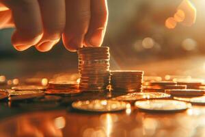 AI generated A close-up of a hand carefully stacking coins, with a golden sunset in the background, symbolizing financial growth and investment strategy photo