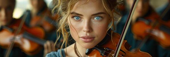 AI generated This photo captures a close-up of a woman playing the violin with striking blue eyes. Her hands are skillfully moving on the strings, creating beautiful music