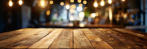 AI generated Wooden Table with Blurred Bistro Background photo