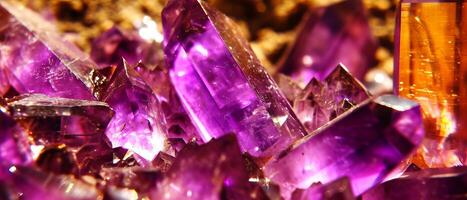 AI generated Macro shot of radiant purple amethyst crystal points with a golden reflection, showcasing natural mineral beauty photo