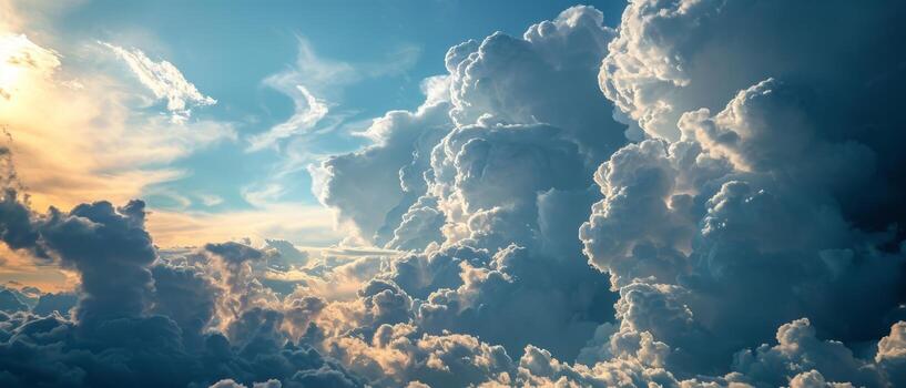 AI generated Majestic Cumulus Clouds at High Altitude. A breathtaking aerial view of towering cumulus clouds bathed in the golden light of the setting sun photo