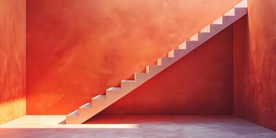 AI generated The photo captures a modern staircase situated next to a wall within a room. The staircase has clean lines and a sleek design, adding a contemporary touch to the space