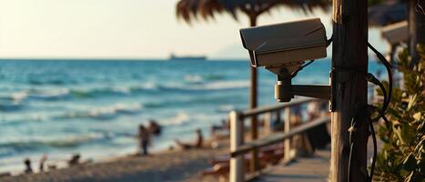 ai generado un seguridad cámara montado en un de madera polo encuestas un bullicioso playa escena, asegurando la seguridad entre bañistas foto