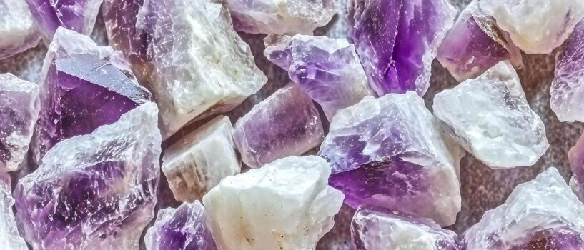 AI generated Macro photography of a stunning cluster of raw amethyst crystals with their distinctive purple hue and crystalline structure photo
