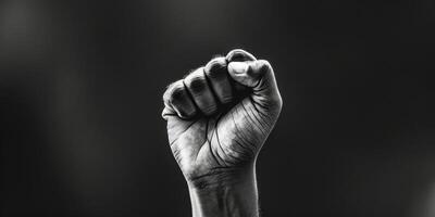 ai generado esta negro y blanco foto capturas un persona levantamiento su puño en un poderoso gesto. el imagen transporta fortaleza, determinación, y desafío