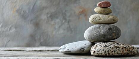 AI generated Zen Stone Stack on Textured Background. A balanced stack of smooth stones set against a textured grey background, evoking a sense of calm and mindfulness photo