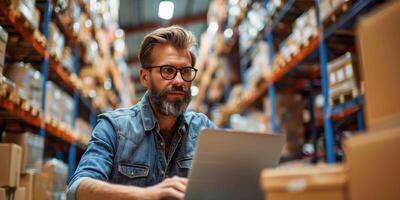 AI generated A focused businessman with a beard and glasses is seen working diligently on his laptop in a busy warehouse setting. photo