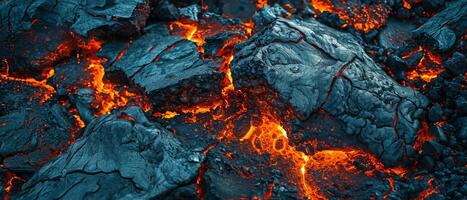 ai generado de cerca ver de vibrante fundido lava fluir exhibiendo el dinámica texturas y intenso calor foto