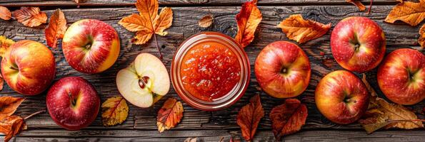 ai generado un claro vaso tarro lleno con dorado líquido se sienta en un antiguo de madera mesa. el tarro es rodeado por un pila de fresco, rojo manzanas foto