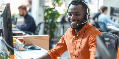 AI generated A man is shown wearing a headset and sitting in front of a computer. He appears focused and engaged, likely involved in customer service photo