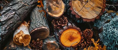 ai generado de cerca ver de apilado madera registros, destacando el intrincado patrones de árbol anillos y texturas foto