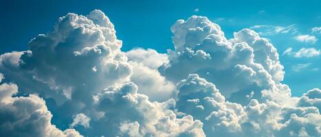 AI generated Voluminous white cumulus clouds building up in a clear blue sky, suggesting an imminent change in weather photo