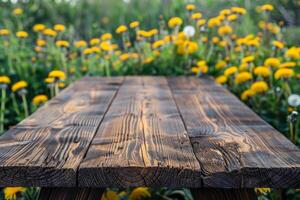 AI generated A textured wooden tabletop stands in sharp focus against a soft backdrop of blooming yellow dandelions, blending craftsmanship with nature photo