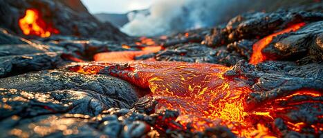 ai generado fundido lava fluir en escabroso volcánico paisaje. ardiente fundido lava fluye mediante un oscuro, enfriado volcánico terreno, exhibiendo el crudo poder de naturaleza foto