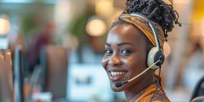 AI generated A woman with a smile on her face is wearing a headset while sitting in front of a computer, likely in a customer service setting. photo