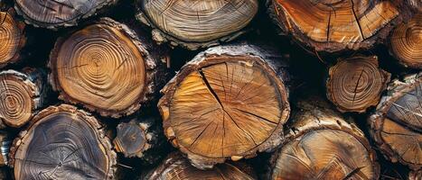 AI generated Close-up view of stacked wood logs, highlighting the intricate patterns of tree rings and textures. photo