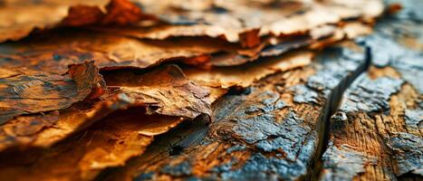 AI generated Close-up of weathered tree bark peeling off to reveal the intricate textures and patterns of aged wood photo