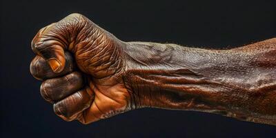 AI generated A photo showcasing a mans clenched fist against a stark black background. The image emphasizes power, resilience, and determination