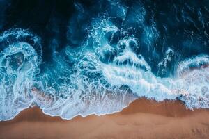 AI generated Soft wave of blue ocean gently lapping onto a sandy beach with clear water and subtle foam on the shoreline. photo