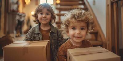 AI generated In this photo, a couple of kids are standing next to several boxes. They appear to be engaged in exploring or playing around the boxes. photo