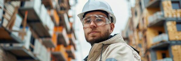 AI generated A serious male engineer wearing a white hard hat stands in front of a building. He appears focused and determined in his inspection of the construction site photo