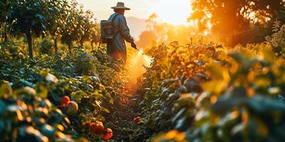 AI generated Silhouetted farmer sprays crops in golden light photo