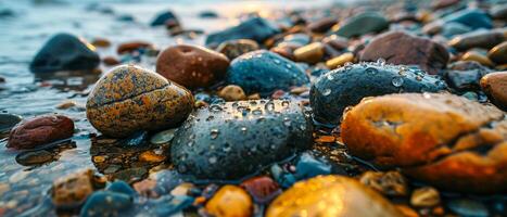 AI generated Colorful Wet Pebbles and Rocks Close-up. A vibrant collection of wet pebbles and rocks in various colors and patterns, glistening with moisture photo