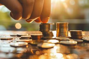 AI generated A close-up of a hand carefully stacking coins, with a golden sunset in the background, symbolizing financial growth and investment strategy photo